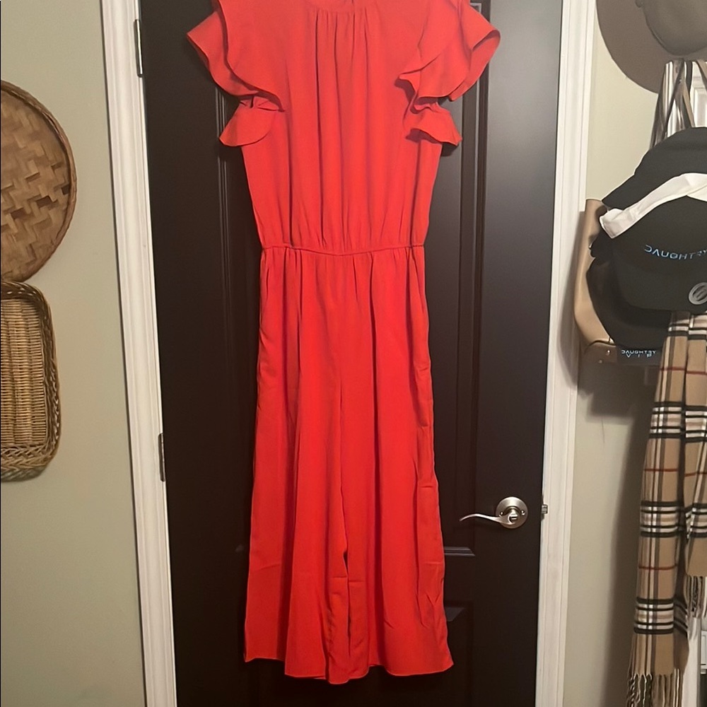 Love Red Wide-Leg Jumpsuit with Ruffle Sleeves